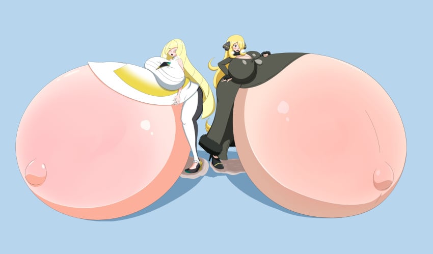 2girls alternate_version_available baby_bump belly_bigger_than_body big_ass big_breasts blonde_hair blush_lines blushing breasts_bigger_than_head cynthia_(pokemon) huge_breasts hyper hyper_belly hyper_breasts hyper_pregnancy long_hair lusamine_(pokemon) nintendo pokemon pokemon_dppt pokemon_sm pregnant spooky-gh0st tagme thick_thighs visible_breath water_break water_broke