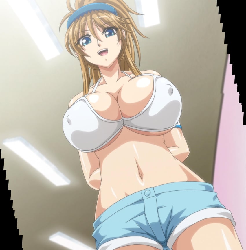 1girls blue_eyes breasts brown_hair clothing hips large_breasts looking_at_viewer looking_down midriff milky_(company) nipples oppai_no_ouja_48 revealing_clothes screencap screenshot shorts stitched thighs tummy yasumaru_tomoe