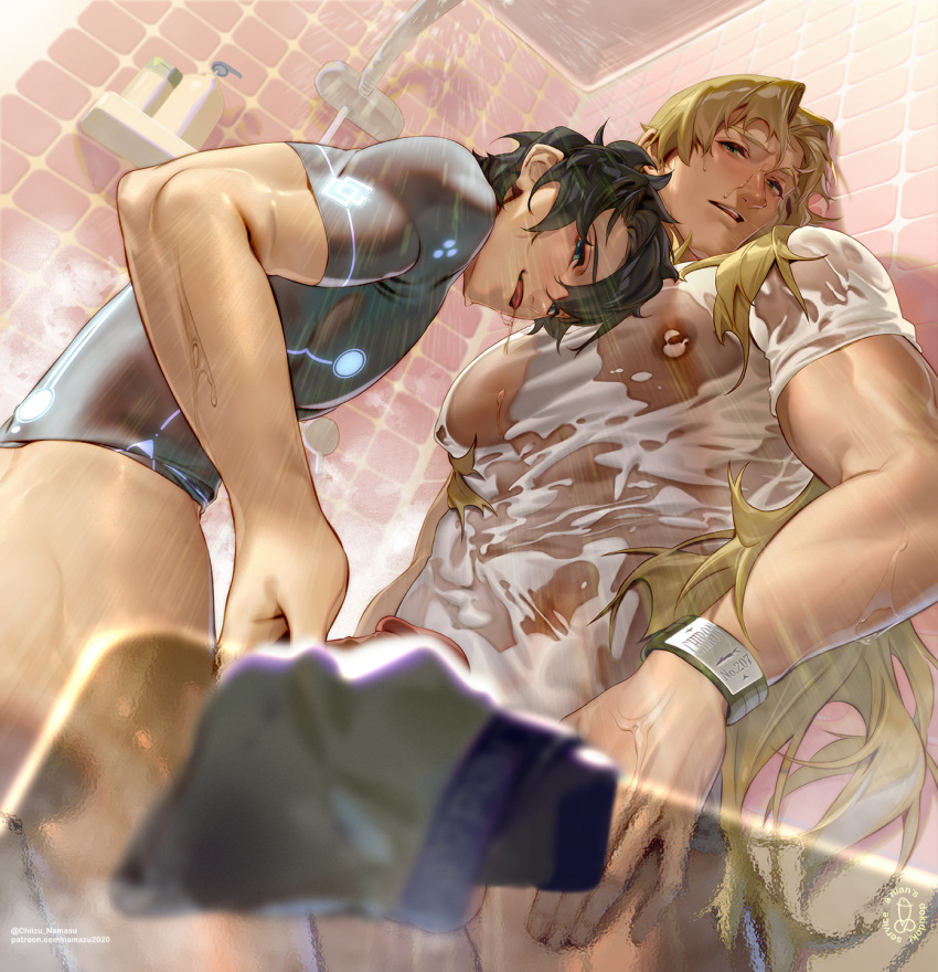 2boys ass bara black_hair black_shirt blonde_hair blush bottomless brown_hair chiizu_namasu chiron_(fate) covered_nipples erection fate/grand_order fate_(series) fujimaru_ritsuka_(male) highres large_pectorals long_hair male_focus multiple_boys muscular muscular_male naked_shirt paid_reward_available patreon_username pectorals penis see-through shared_bathing shirt short_hair tongue tongue_out twitter_username wet wet_clothes wet_hair wet_shirt yaoi