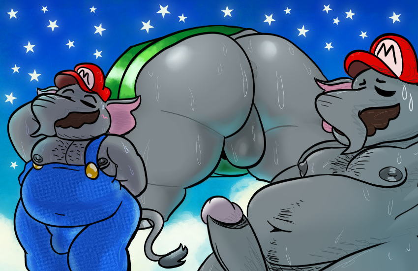 1boy anthro ass balls belly_hair big_balls big_butt big_penis bodily_fluids body_hair chest_hair clothing dizzysauce_nsfw elephant elephant_mario elephantid gay genitals happy_trail hi_res male male_only mammal mario mario_(series) nintendo nipples nude overalls penis proboscidean pubes solo super_mario_bros._wonder sweat through_wall