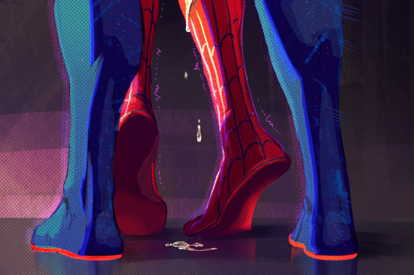 2boys blue_bodysuit bodysuit couple cum cumdrip feet foot_focus gay highres implied_anal implied_sex male_focus male_only marvel miguel_o'hara multiple_boys niksaf peter_b_parker red_bodysuit spider-man:_across_the_spider-verse spider-man_(2099) spider-man_(series) two-tone_bodysuit yaoi