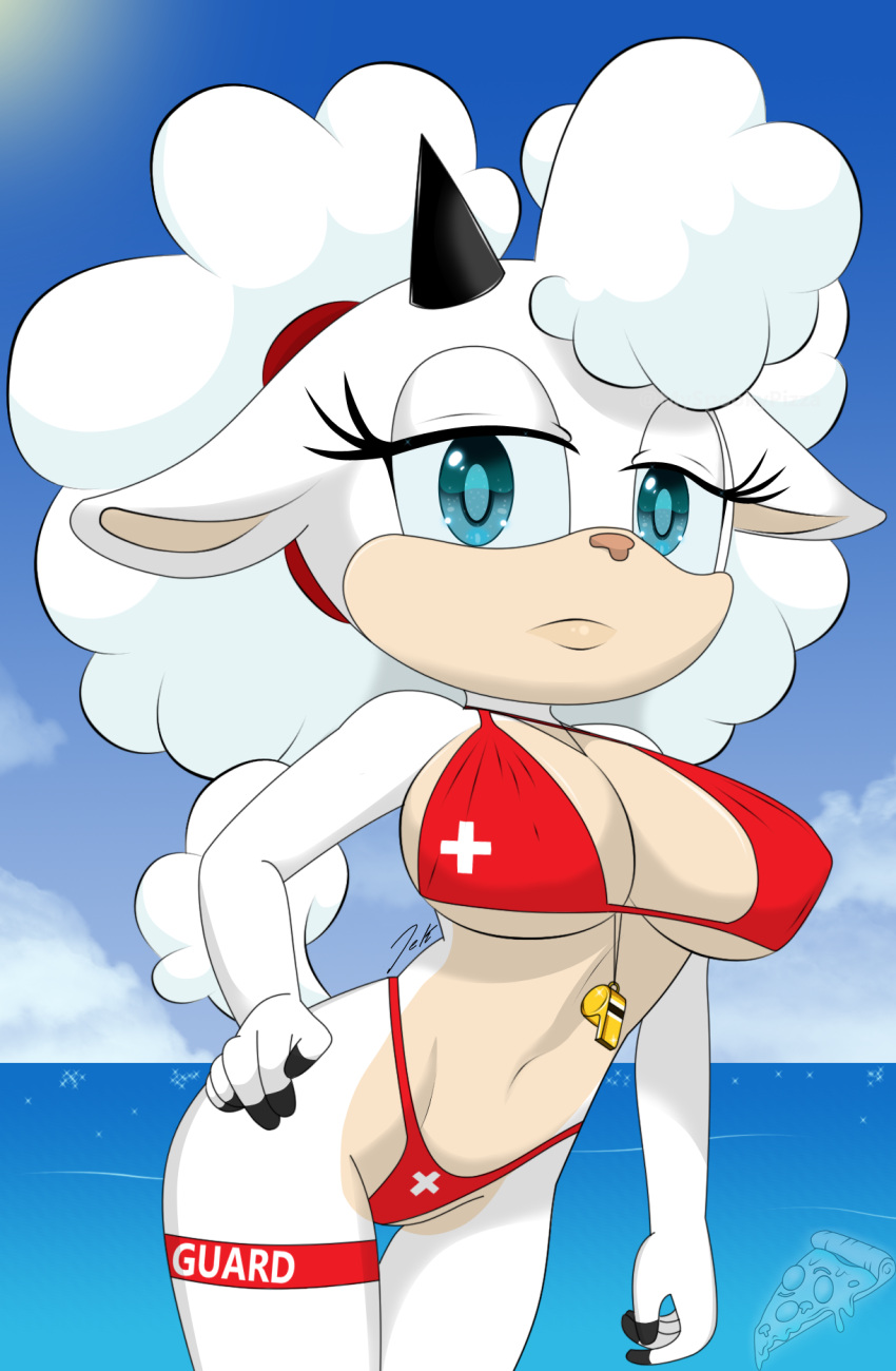 1girls anthro beach big_breasts big_hair bikini blue_eyes breasts ewe female female_only fluffy frown huge_breasts lanolin_the_sheep lifeguard looking_at_viewer myspookypizza ocean outside pinup sheep sheep_girl skinny sonic_(series) sonic_the_hedgehog_(comics) sonic_the_hedgehog_(idw) thin thong thong_bikini whistle whistle_around_neck white_body white_fur white_hair