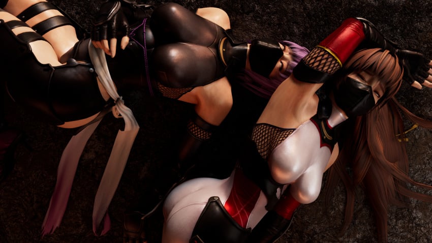 3d ahe_gao ayane_(doa) dead_or_alive dead_or_alive_5 defeated kasumi_(doa) kktzane knocked_out kunoichi ninja ryona unconscious white_eyes