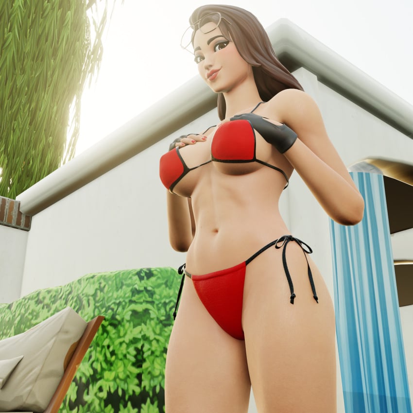 1girls 3d boardwalk_ruby_(fortnite) breasts brown_eyes brown_hair bush epic_games eyelashes female_only fortnite fortnite:_battle_royale glasses_on_head image kohold looking_at_viewer medium_breasts red_nails red_swimsuit ruby_(fortnite) solo solo_female sunlight swimsuit tree viewed_from_below white_skin