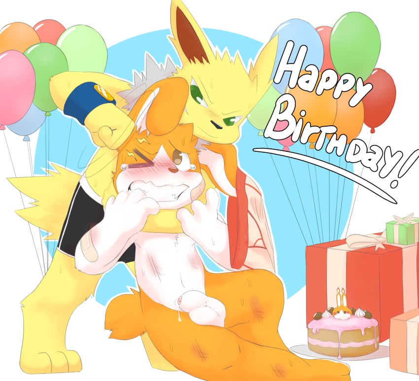 anthro arm_around_neck balloon band-aid bandage birthday bodily_fluids boxer_briefs bruised bullying cake candle clenched_teeth clothed clothing dessert duo eeveelution food fur generation_1_pokemon genital_fluids genitals gift green_eyes headlock hi_res inflatable jetta_the_jolteon jolteon lagomorph leporid long_ears male male/male mammal miau nintendo noogie nude oob_(character) orange_body penis pokemon pokemon_(species) precum rabbit simple_background tears teeth topless underwear wristband yellow_body yellow_fur