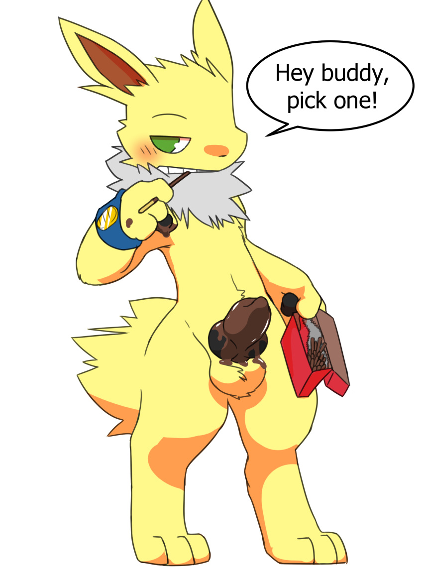 absurd_res animal_genitalia animal_penis balls blush canine_genitalia canine_penis digital_media_(artwork) eeveelution erection food food_fetish food_play generation_1_pokemon genitals hi_res jetta_the_jolteon jolteon knot looking_at_viewer male miau nintendo no_humans nude penis pocky pokemon pokemon_(species) pokemon_only semi-anthro simple_background solo speech_bubble standing text wristband