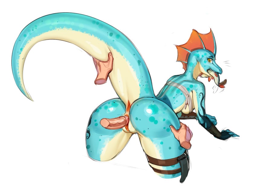 anthro anus bent_over blue_body blue_scales breasts chest_wraps disembodied_penis dungeons_and_dragons duo female fin fish_in_mouth fish_meat food genitals hasbro head_fin hi_res human human_on_anthro humanoid_genitalia humanoid_hands humanoid_penis iku_(kallenstadt) interspecies leg_belt lizard lizardfolk_(dnd) lizardman looking_at_viewer looking_back looking_back_at_viewer male male/female mammal meat mostly_nude nude penetration penile penile_penetration penis penis_in_pussy raylak_m reptile scales scalie tail tail_grab vaginal_penetration vaginal_penetration wizards_of_the_coast wraps