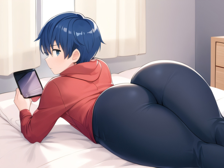 1boy ai_generated ass ass_focus ass_up back_view bed bedroom big_ass big_butt blue_eyes blue_hair bubble_ass bubble_butt butt_focus curvy_figure femboy from_behind gay girly inviting laying_down laying_on_bed legging looking_at_viewer looking_back lying_on_bed males_only original original_character plump_ass round_ass round_butt small_waist sole_male spankable teenager thick_ass thick_thighs tight_clothing tomgirl tsundere wide_hips yaoi younger_male