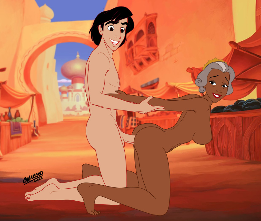 1boy 1boy1girl 1girls age_difference aladdin aladdin_(character) chancero crossover crown disney disney_princess doggy_style doggy_style edit naked older_female older_woman_and_younger_boy queen_of_maldonia sex straight the_princess_and_the_frog