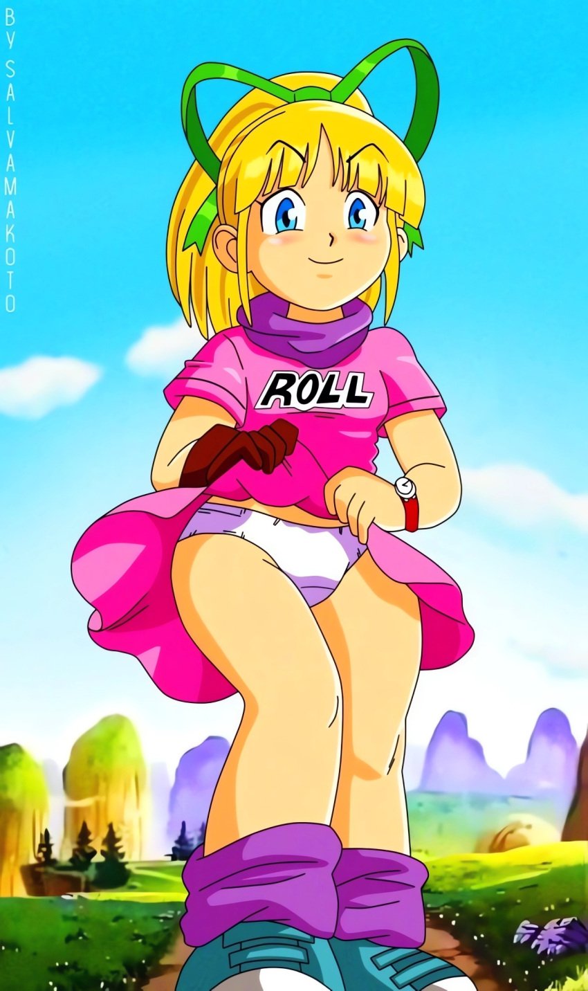 blonde_hair blue_eyes bulma bulma_(dragon_ball) bulma_briefs cosplay dragon_ball dragon_ball_(classic) dress_lift mega_man mega_man(classic) panties rockman roll salvamakoto