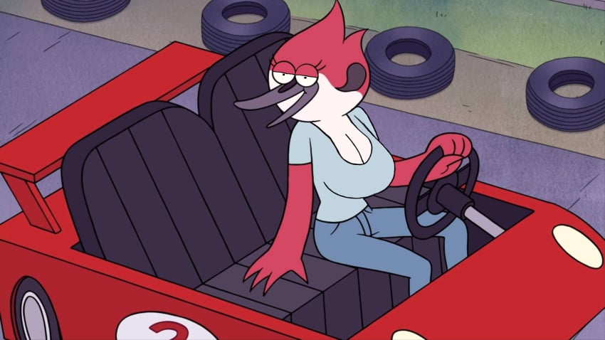 1girls accurate_art_style avian avian_humanoid bedroom_eyes big_breasts breast_expansion breasts car cartoon_network cleavage eyes_half_open ggedits huge_breasts jeans large_breasts margaret_smith_(regular_show) offscreen_character offscreen_male racetrack regular_show screencap screenshot screenshot_edit sole_female