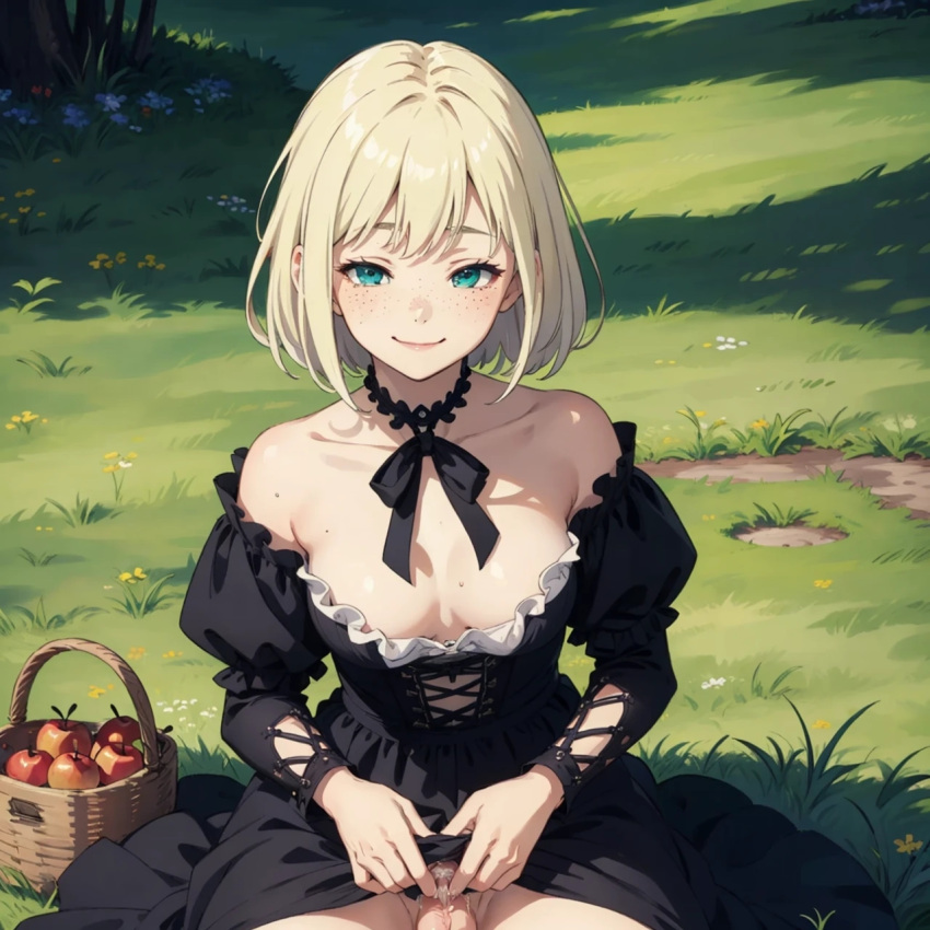 1futa ai_generated apple black_dress blonde_hair blue_eyes cum enjuuji freckles futanari grass_field lauran_hesselberg penis_under_clothes penis_under_dress small_breasts smile