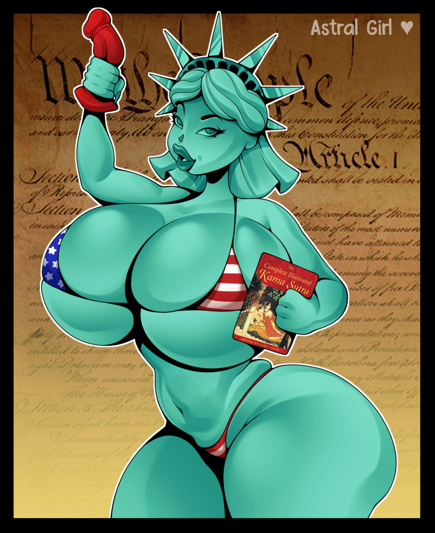 1girls 4th_of_july american_flag_bikini astral_girl big_breasts bikini dildo green_skin huge_breasts kama_sutra lady_liberty looking_at_viewer micro_bikini public_domain sex_toy statue statue_of_liberty thick_thighs voluptuous voluptuous_female