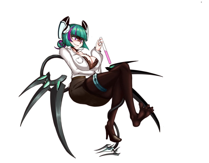 arm_under_breasts bra_peek collared_shirt feet green_hair headgear large_breasts lilin_(battle_cats) mechanical_tail pink_eyes pink_hair short_hair smiling stilletos the_battle_cats thick_thighs tight_skirt tights undone_shirt vial