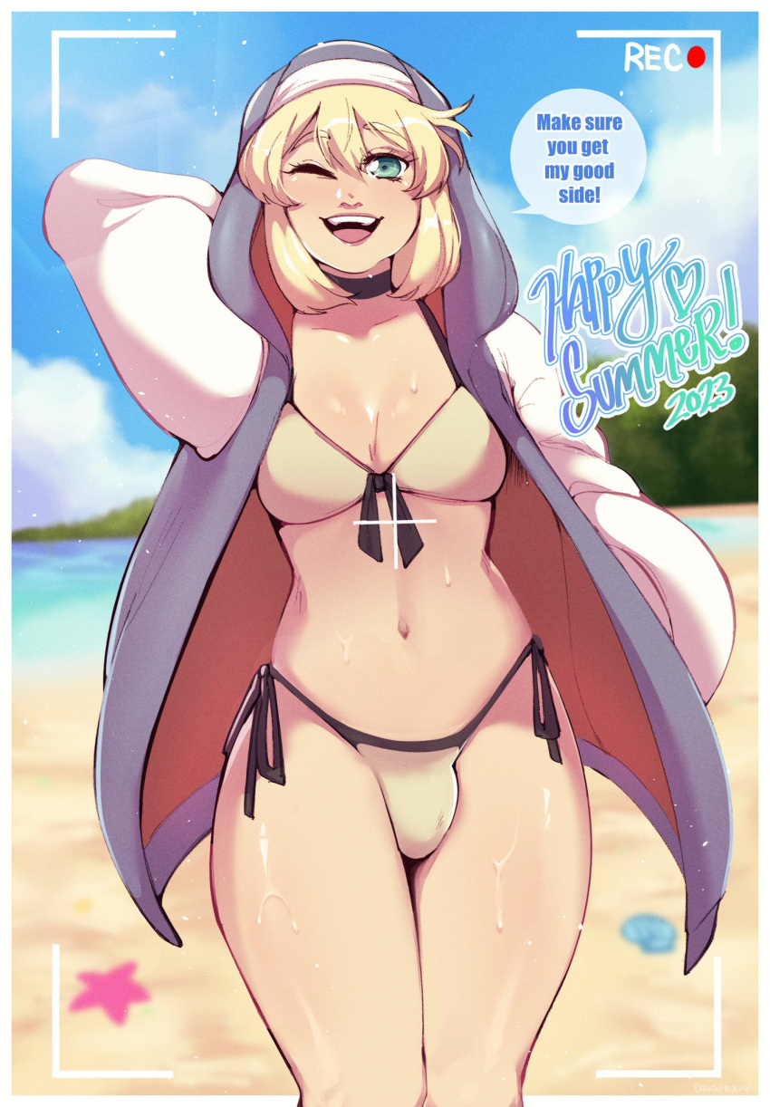 1futa arm_behind_head beach bikini blonde_hair breasts bridget british bulge camera_view chikkibug detailed_background dialogue english_text green_eyes guilty_gear guilty_gear_strive hi_res hood hooded_jacket looking_at_viewer smiling smiling_at_viewer solo speech_bubble swimsuit talking_to_viewer wink winking_at_viewer