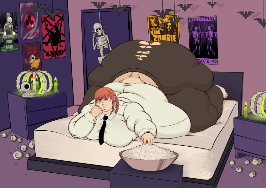 1girls ass bbw bed bedroom big_ass big_breasts breasts captainsoapbeard chainsaw_man fat fat_ass female food halloween huge_ass makima_(chainsaw_man) massive_ass morbidly_obese obese on_bed on_stomach overweight overweight_female red_hair solo solo_female ssbbw thick_thighs thunder_thighs torn_clothes ych_result yellow_eyes