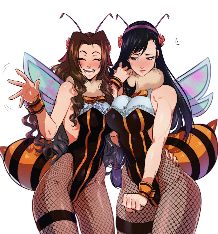 2girls aerith_gainsborough bee bee_costume bee_girl black_hair blush brown_hair female final_fantasy final_fantasy_vii hips honey_bee kukumomo large_breasts muscular_female shy smile tifa_lockhart waving