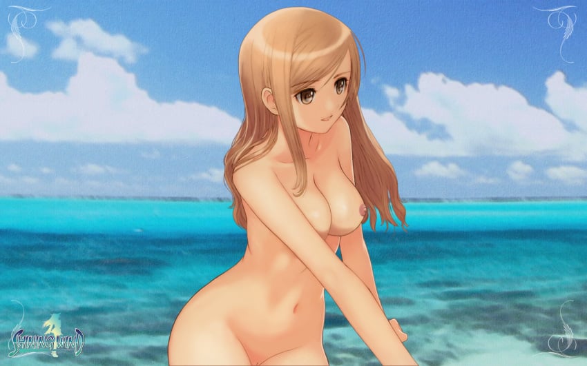 1girls breasts brown_eyes brown_hair exhibitionism female female_only medium_breasts nipples nude_filter ocean oppai pussy shining_(series) shining_wind solo taka_tony touka_kureha uncensored water