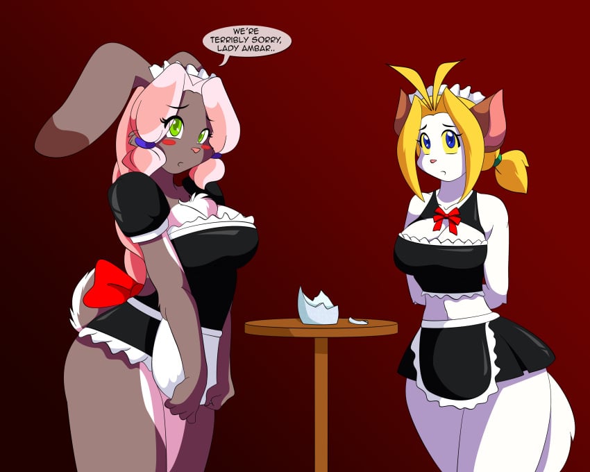 anthro big_breasts blonde_hair blue_eyes breasts chalo cleavage clothed clothing edit english_text feline female fur green_eyes grey_fur hair hi_res lagomorph las_lindas looking_at_viewer maid maid_uniform mammal pink_hair sarah_silkie short_skirt skimpy skirt standing table taffy_rudiger text vase white_fur