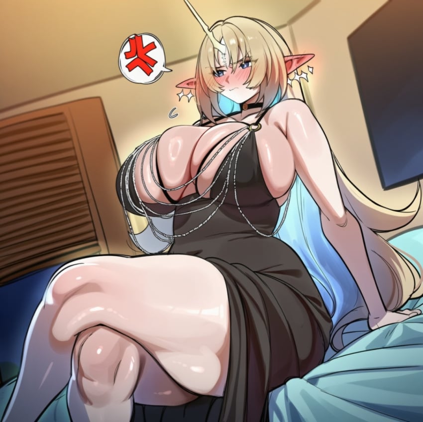 ai_generated alternate_costume angry bedroom blue_eyes blush breasts cleavage cleavage_cutout dialogue female fleurdelys_(wuthering_waves) horn huge_breasts light-skinned_female long_hair looking_away lovelyzen nervous shy sitting_on_bed taller_female taller_girl wuthering_waves