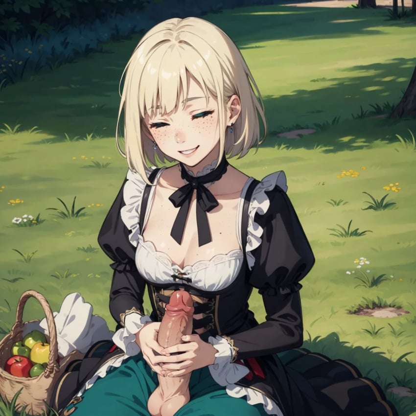 1futa ai_generated apple basket blonde_hair closed_eyes dress enjuuji freckles futa_only futanari grass_field holding_penis lauran_hesselberg outside pale-skinned_futanari penis penis_out shadow smile smiling sunlight