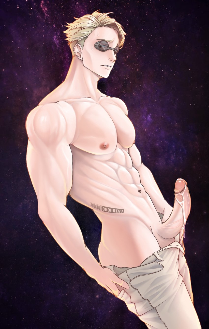 1boy 1male abs balls bara biceps big_balls big_penis blonde_hair cum cum_drip cum_dripping_from_penis erection gay genital_fluids hi_res highres jujutsu_kaisen kento_nanami male male_focus male_only muscular muscular_male nipples no_male_underwear onglai87 penis solo solo_male vein veiny_penis