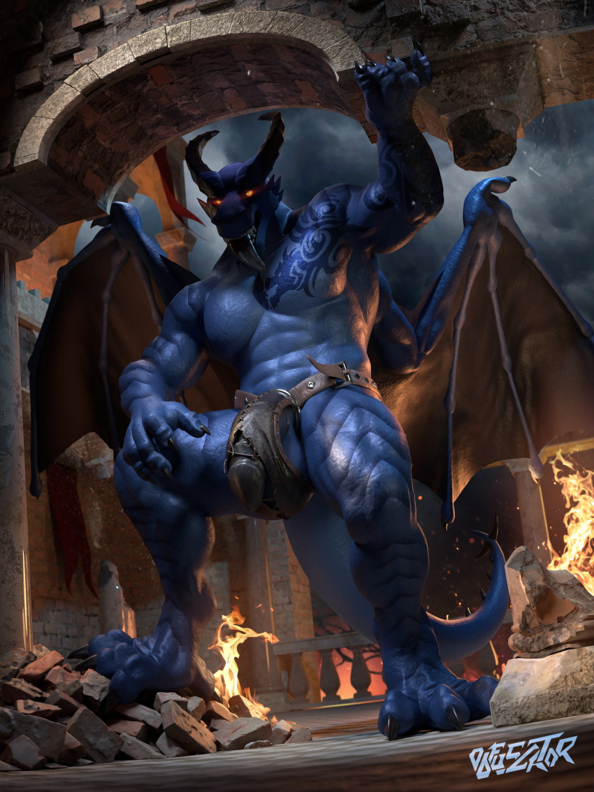 2023 anthro aroused balls belt black_penis blue_body bottomwear brick bulge burning_building castle chest_tattoo claws clothed clothing dark_sky debris demigod destruction detailed_background digital_media_(artwork) dragon facial_horn fire genitals glowing glowing_eyes hi_res horn humanoid_genitalia humanoid_penis leather leather_clothing looking_at_viewer male membrane_(anatomy) membranous_wings metal_ring muscular muscular_anthro muscular_male night obfuscator open_mouth pecs peeking_penis penile_spines penis plated_scales red_eyes rei_miguel ripped_underwear ruined_building ruins scalie sky smile smiling_at_viewer smirk smirking_at_viewer solo spiked_tail spikes spikes_(anatomy) standing tail tall tattoo teeth tight_clothing tight_underwear toe_claws tongue tongue_out torn_clothing torn_underwear underwear wings