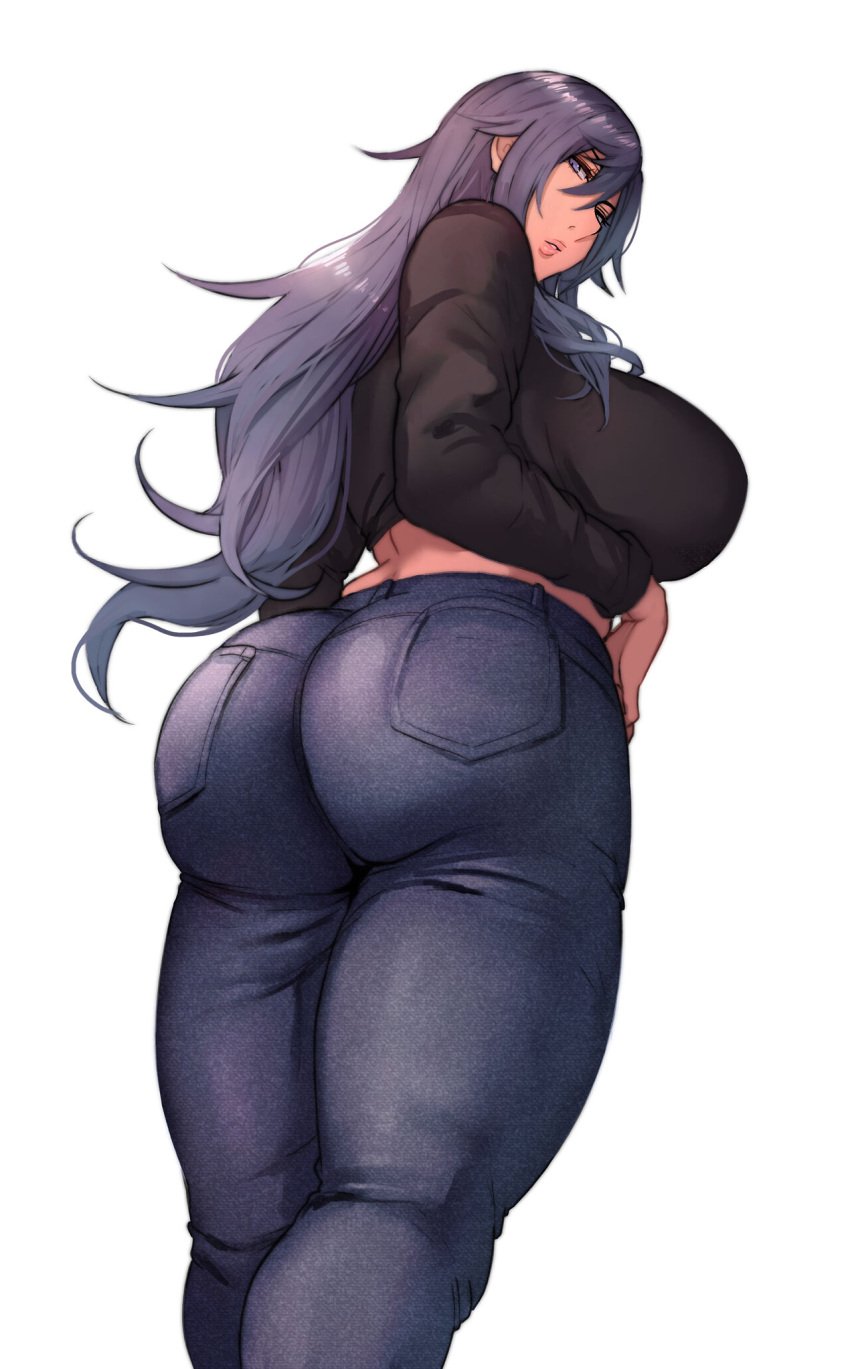 1girls 2018 absurd_res ass big_ass black_shirt breasts clothed clothing denim denim_bottomwear denim_clothing denim_jeans female female_only hair_between_eyes highres huge_breasts jeans long_hair looking_back matching_hair/eyes mature_female midriff original pants pepe_(jonasan) purple_eyes purple_hair ruuko-san shirt simple_background solo standing tight_clothing tight_pants very_long_hair white_background