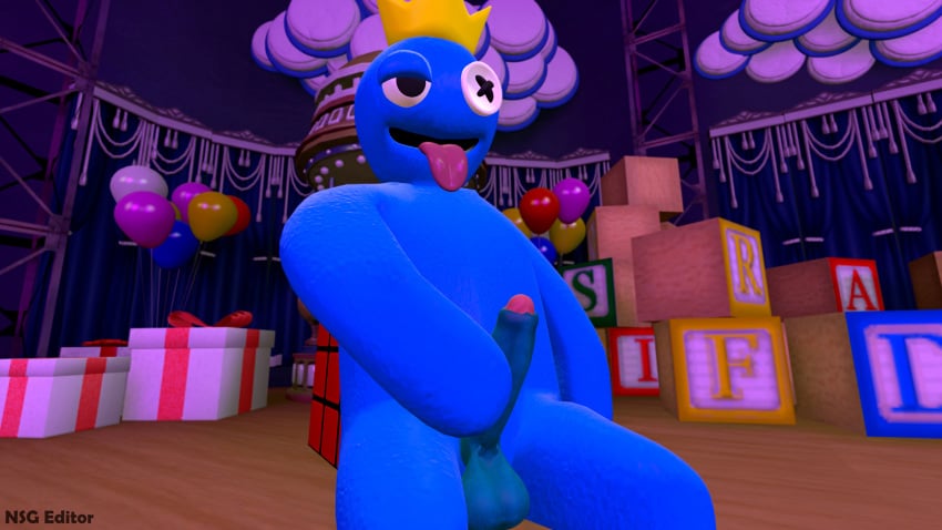 3d 3d_(artwork) balls big_balls blue_(rainbow_friends) blue_body crown digital_media_(artwork) erection genitals headgear hi_res humanoid male masturbation nsg_editor open_mouth penis rainbow_friends roblox roblox_game sitting sitting_on_ground solo source_filmmaker tongue tongue_out