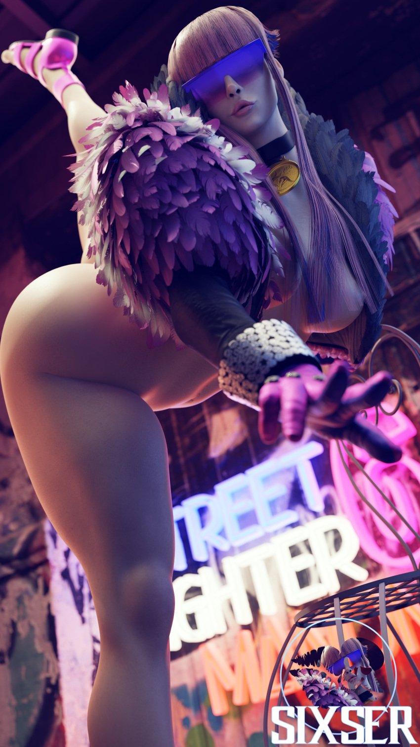 3d alternate_costume ass bangs bolero bottomless breasts bubble_butt busty capcom female female_focus female_only flexible hourglass_figure manon_legrand pink_hair purple-tinted_eyewear sixser street_fighter street_fighter_6 sunglasses tinted_eyewear wide_hips