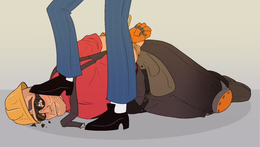 2boys 5_o'clock_shadow blue_eyes blush bondage cracked_glass engineer_(team_fortress_2) gay gendersuspender older_male on_the_floor on_the_ground shoes stepped_on stepped_on_head sweat_drop team_fortress_2