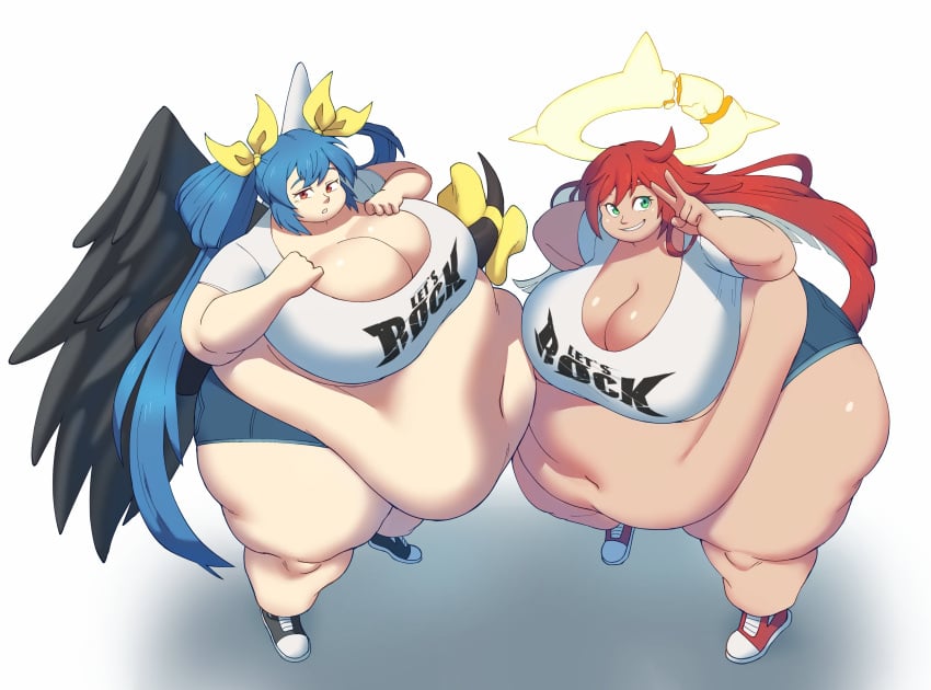 2023 2girls absurd_res bbw belly belly_overhang blue_hair breasts cleavage dizzy_(guilty_gear) duo duo_focus female_focus female_only gigantic_belly green_eyes guilty_gear huge_belly huge_breasts huge_thighs jack-o'_valentine long_hair mralguienynadie obese obese_female overweight overweight_female peace_sign plump red_eyes shorts ssbbw thick_thighs thighs tummy twintails two_tone_hair voluptuous wings