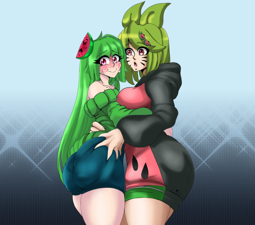 2girls alternate_version_available ass ass_grab blush blushing empresslilum female female/female female_focus female_only green_hair hand_on_butt hoodie hug hugging melony_(smg4) multiple_girls pantylines smg4 tagme vannamelon vannamelon_(copyright) yuri