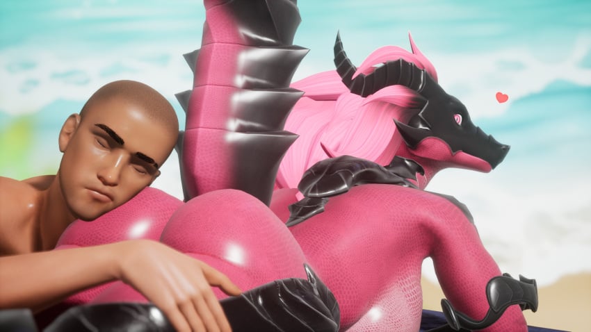 16:9 3d_(artwork) adeptussteve agape_(petruz) animal_humanoid anthro areola ass beach big_butt black_body black_scales breasts butt_pillow butt_squish closed_eyes comfortable cushion digital_media_(artwork) dragon dragon_humanoid duo female glistening glistening_body gradient_background hair head_on_butt heart hi_res horn human human_on_anthro humanoid interspecies leaning lying male male/female mammal nude petruz petruz_(copyright) pink_body pink_eyes pink_hair scales scalie seaside seductive simple_background sleeping sleeping_on_partner smile squish tail widescreen wild_life