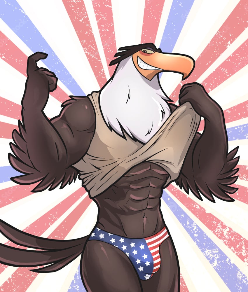 1boy 4th_of_july abs absurd_res accipitrid accipitriform angry_birds anthro athletic avian bald_eagle beak beckoning big_muscles bird blush brown_body brown_fur bulge clothed clothing clothing_lift dasoka detailed_bulge digital_media_(artwork) eagle elbow_feathers eyebrows feathered_wings feathers fur gay gesture glistening glistening_body glistening_skin hair hi_res holidays larger_male looking_at_viewer male male_only mammal mighty_eagle musclegut muscular muscular_anthro muscular_arms muscular_male muscular_thighs narrowed_eyes orange_beak presenting presenting_body presenting_bulge raised_clothing raised_eyebrow raised_shirt raised_topwear sea_eagle shirt shirt_lift simple_background size_difference smile smirk solo stars_and_stripes tail tail_feathers text the_angry_birds_movie thick_thighs thong tokuya topwear underwear united_states_of_america video_games white_body white_fur wide_hips wings