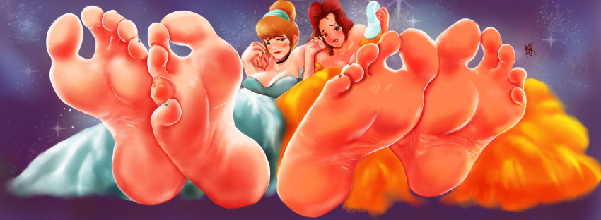 2d 2d_(artwork) 2girls artist_request ball_gown barefoot beauty_and_the_beast belle blonde_hair brown_hair cinderella_(1950_film) cinderella_(disney) crossover disney disney_princess dress feet female female_only foot_fetish foot_focus fully_clothed hair_bun holding_footwear no_penetration no_sex painted_nails painted_toenails soles toes what