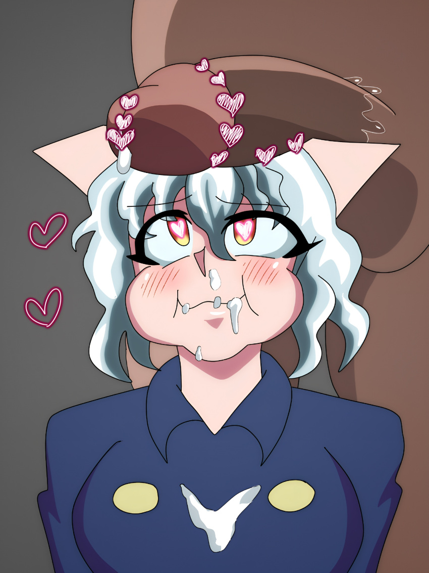 cat_ears catgirl censored cheek_tuft cock_worship cum cum_in_mouth dark-skinned_male dripping_cum heart-shaped_pupils hunter_x_hunter interracial interspecies neferpitou nepify netorare penis_awe penis_on_face