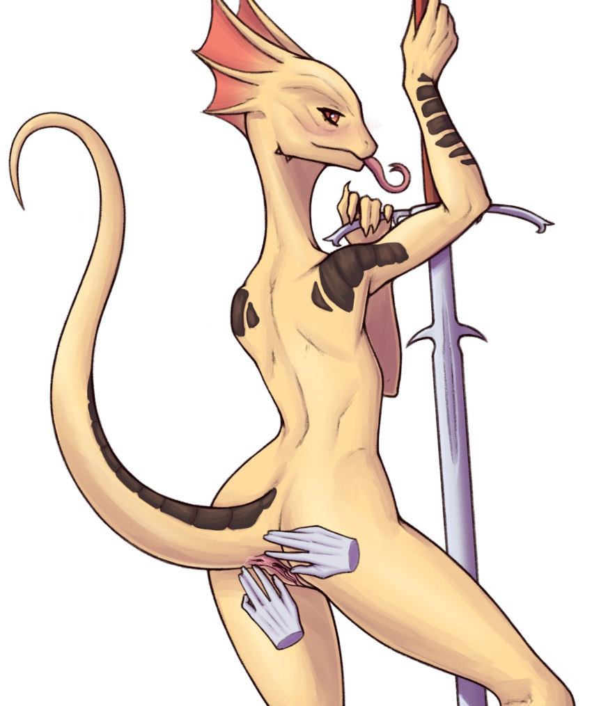 animal_genitalia anthro anus desert_avenger disembodied_hand divinity_(series) female frill_(anatomy) genital_slit genitals hi_res lizard_(divinity) lizardman melee_weapon nude pussy red_eyes scalie slit solo spread_slit sword tail tongue tongue_out weapon