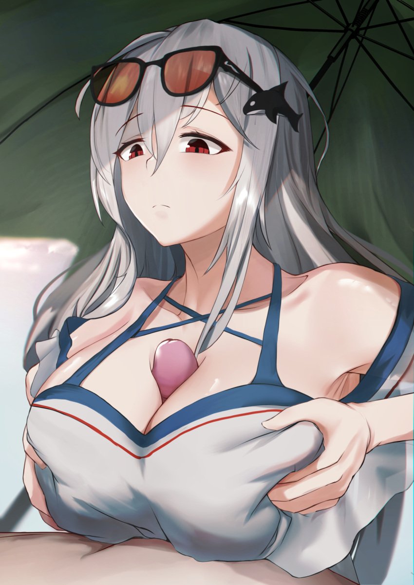 1boy 1girls 2023 arknights bare_shoulders bikini boobjob bra breasts clothed_female_nude_male glasses_on_head hi_res krirk light-skinned_female light-skinned_male light_skin long_hair paizuri red_eyes skadi_(arknights) sunglasses white_hair