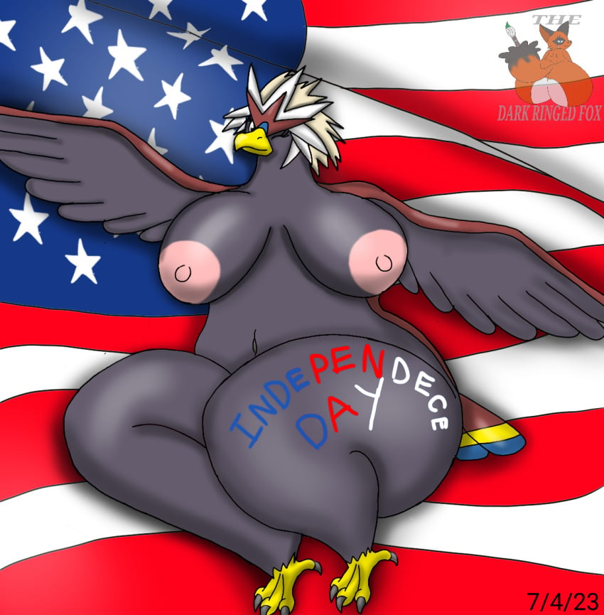 1girls 4th_of_july american_flag anthro avian beak big_breasts bird blue braviary breasts clothing dated english_text female female_only flag generation_5_pokemon legwear nintendo nipples non-mammal_nipples pokémon_(species) pokemon pokemon_(species) red solo solo_female text thedarkringedfox thigh_highs thighs united_states_of_america white wide_hips