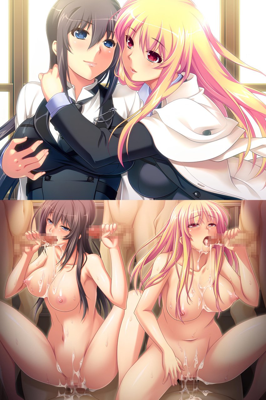 2girls ahe_gao armpits before_and_after black_hair blonde_hair blowjob blue_eyes brainwashing censored coat cowgirl_position cum cum_in_mouth cum_in_pussy cum_inside daisaimin defeated defeated_heroine detective fellatio gangbang gangrape mind_break mind_control mosaic_censoring multiple_boys nikaidou_sayaka orientation_play rape red_eyes shigayama_runa waistcoat yoshino_keiko