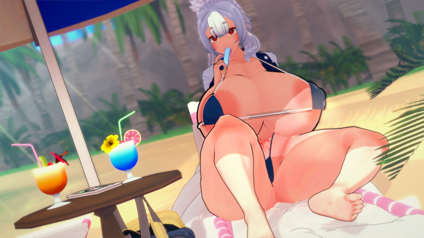 3d areolae barefoot beach bikini feet fox_ears fox_girl huge_breasts koikatsu nijisanji nijisanji_en nina_kosaka popsicle virtual_youtuber