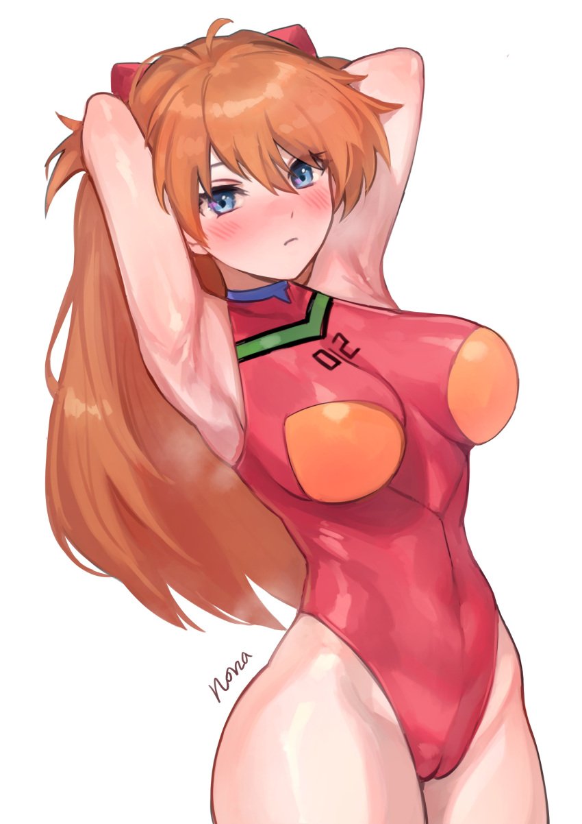 1girls armpits arms_up artist_name asuka_langley_sohryu bare_armpits bare_thighs barefoot blue_eyes blush breasts cameltoe female female_only hands_behind_head highleg_leotard large_breasts leotard light-skinned_female light_skin long_hair looking_at_viewer neon_genesis_evangelion norza orange_hair simple_background sleeveless sleeveless_leotard slim_waist solo souryuu_asuka_langley thick_thighs thighs thong thong_leotard white_background