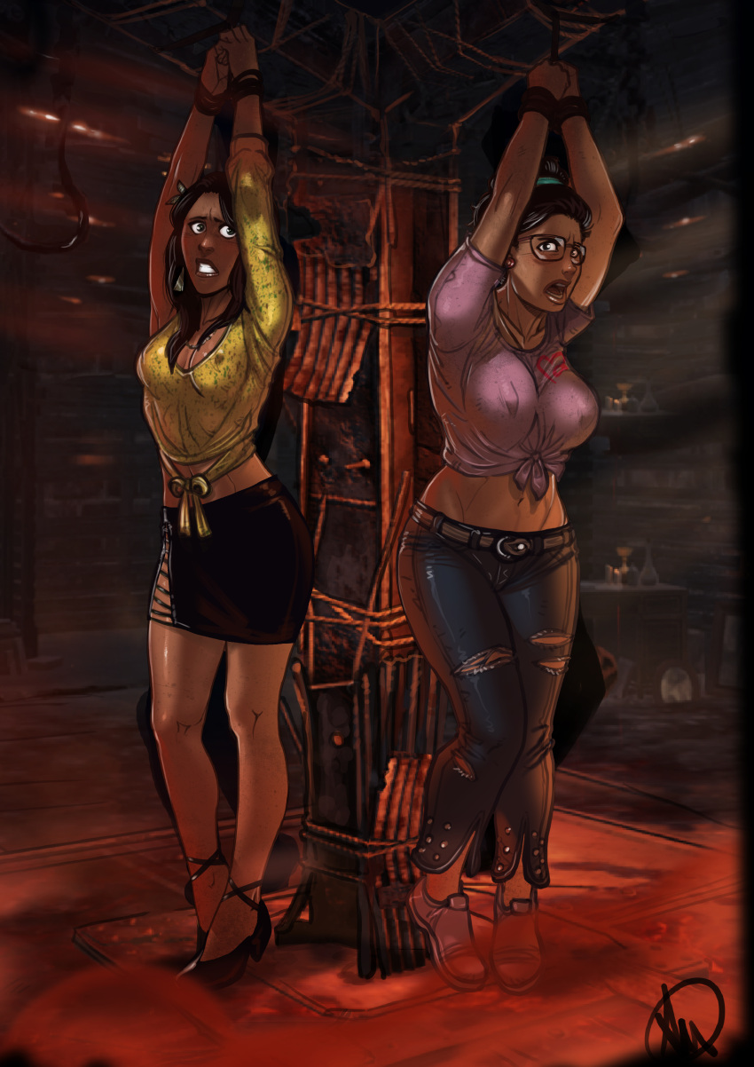 arms_above_head bare_midriff basement bondage cleavage dbd dead_by_daylight female femsub ganassa glasses hair_bun huge_breasts jane_romero large_breasts multiple_girls multiple_subs nipples_visible_through_clothing peril thigh_slit tied_up tight_clothing zarina_kassir