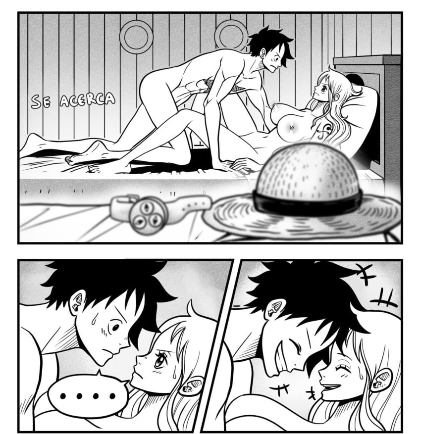 1boy 1boy1girl 1girls areolae bed bedroom big_breasts black_and_white black_hair breasts busty comic_page comic_panel completely_nude couple curvy elizagmfn female imminent_sex laugh log_pose male monkey_d_luffy muscular_male nami nipples nude on_bed one_piece scar short_hair smile straw_hat sweatdrop tattoo wholesome