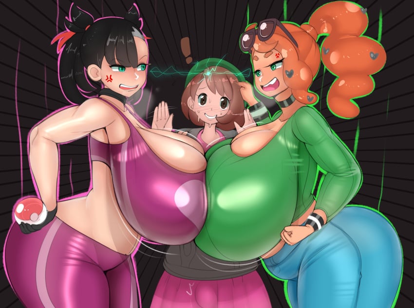 ! 1futa 2girls absurdres age_difference alternate_breast_size angry areolae black_hair blush breast_press breast_size_difference breast_squish breast_to_breast breasts breasts_bigger_than_head brown_hair bulge choker cleavage clothed clothing duo exclamation_point eyewear_on_head female fighting_over_girl fladdykin fully_clothed futa_with_female futanari gigantic_breasts girl_sandwich gloria_(pokemon) group gym_uniform highres huge_breasts human implied_futanari jealous large_breasts larger_female light-skinned_female light-skinned_futanari light_skin marnie_(pokemon) older_female orange_hair pokeball pokemon pokemon_ss rivals sitting size_difference skirt skirt_bulge smaller_futanari sonia_(pokemon) standing sunglasses_on_head thick_thighs venus_body wide_hips younger_futanari