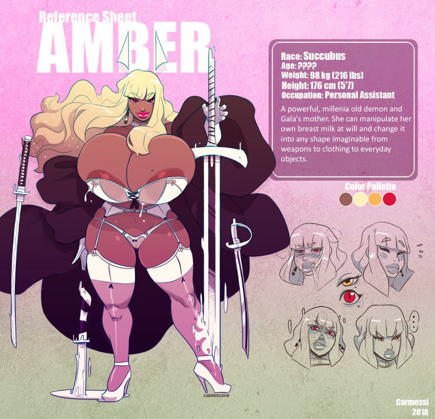 2018 amber_(carmessi) big_breasts breasts carmessi character_sheet female high_heels huge_breasts large_breasts original pink_lipstick red_eyes reference_sheet succubus sword