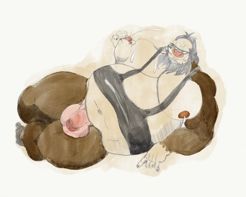 anthro artist_request balls flaccid furry lactation lying_on_side male male_lactation male_only overweight pantsless penis pokemon slaking sloth solo solo_male tank_top