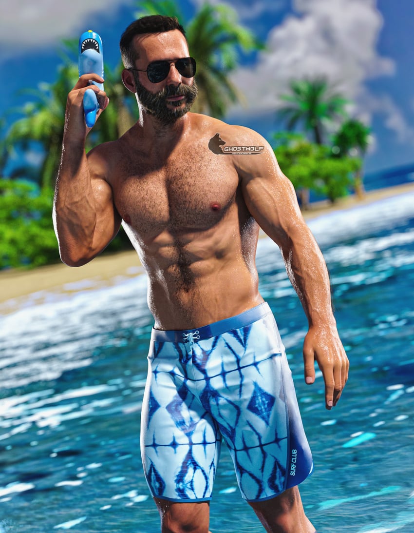 3d activision beach blue_eyes british brown_hair call_of_duty call_of_duty_modern_warfare_2_(2022) captain_price day daytime ghostwolf handsome hunk infinity_ward island john_price light-skinned_male light_skin male male_focus male_only male_pov mature mature_male middle_aged middle_aged_male middle_aged_man muscular muscular_male no_visible_genitalia paradise shirtless solo_male stud sunglasses swimming_trunks water_gun