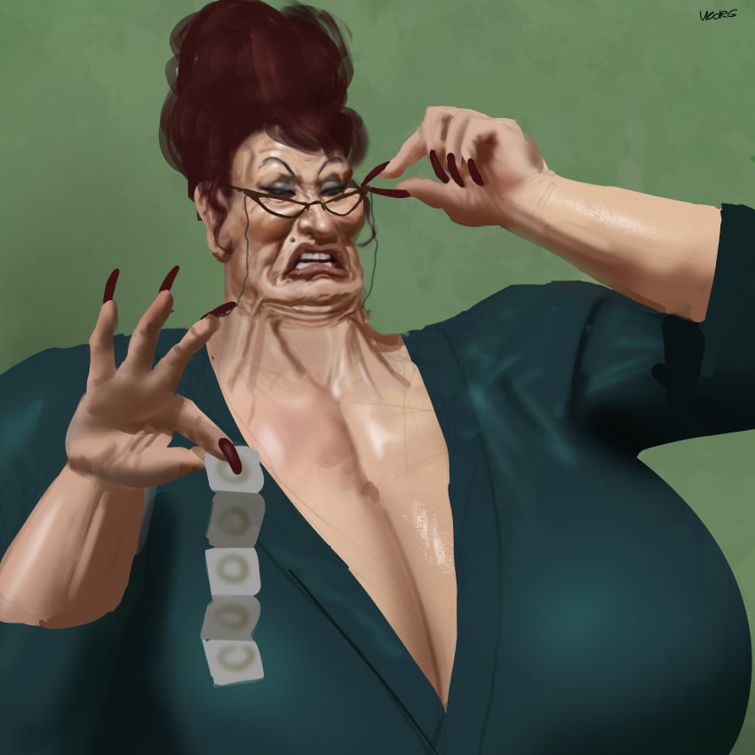 bbw beehive_hairdo big_breasts condom edited femdom gilf glasses granny huge_breasts long_nails long_nose old_hag older_female red_hair red_nails robe ssbbw sweating vkorg